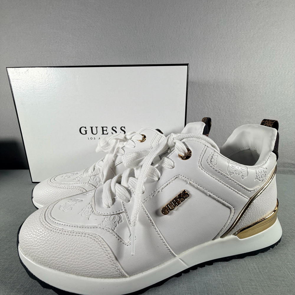 Guess Kadlin White Leather Gold Wedge Sneakers Women’s Size 9M New